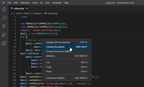 vs code format code command