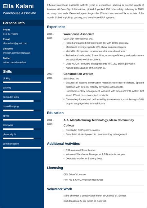warehouse cv example uk