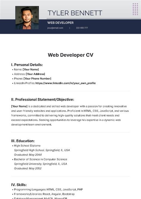 web developer curriculum vitae template