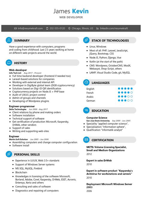 web developer example resume