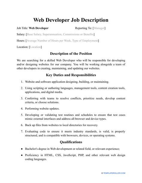 web developer job description pdf
