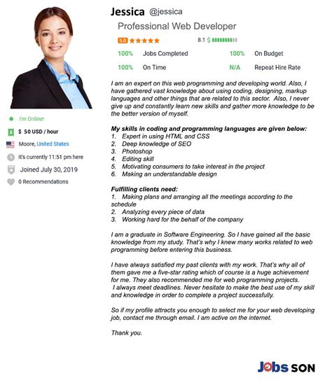 web developer profile description example