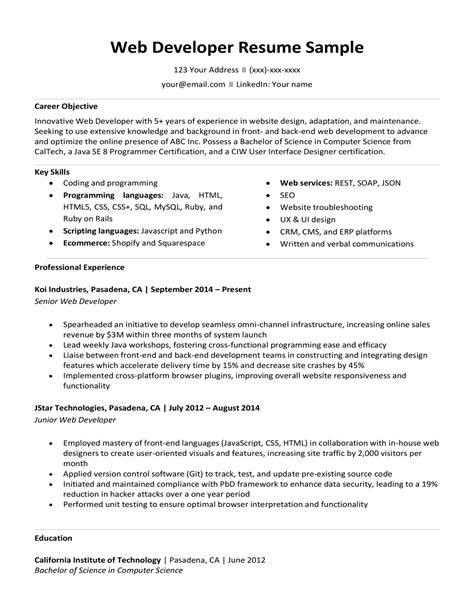 web developer resume description