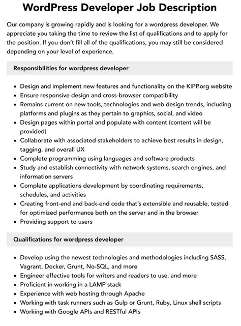 web developer wordpress job description