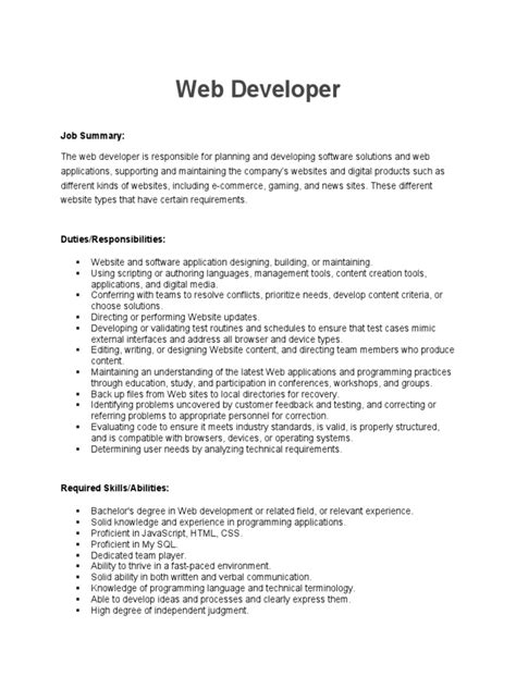 web development job description for freshers
