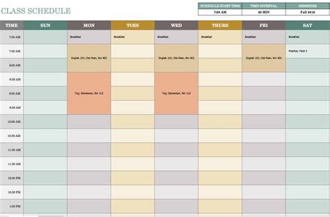 weekly class schedule template excel