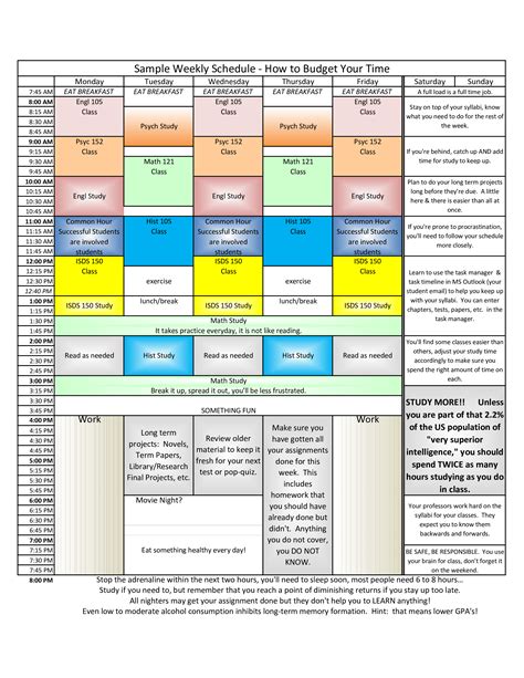 weekly schedule activities