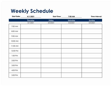 weekly schedule format excel