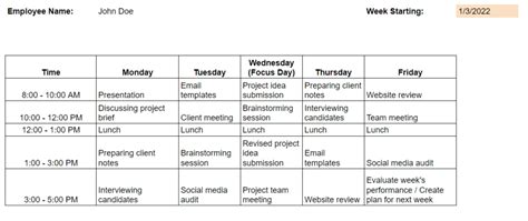 weekly work plan example