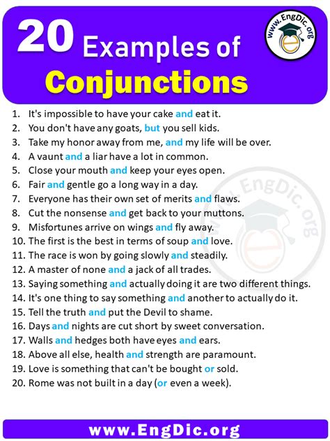 what are 20 examples of conjunctions in a sentence