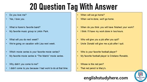what are 20 examples of question tags with answers pdf