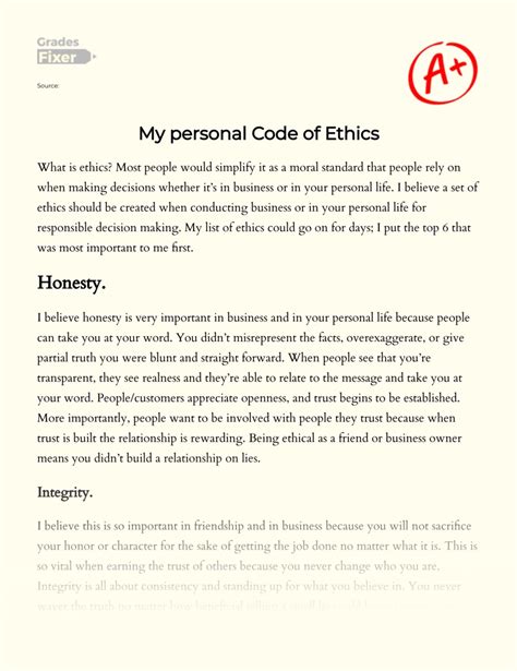 what are examples of personal code of ethics