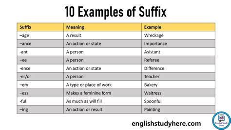 what are the 10 examples of suffix in a sentence
