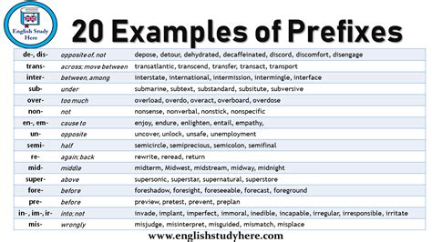 what are the 20 examples of prefix words