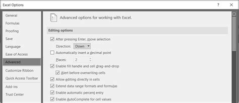 what are the advanced options in excel