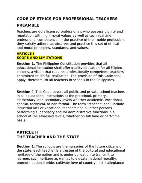 what are the code of ethics in teaching