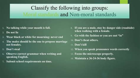 what are the differences between moral and non moral standards cite examples