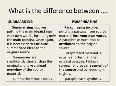 what are the differences between paraphrasing and summarizing