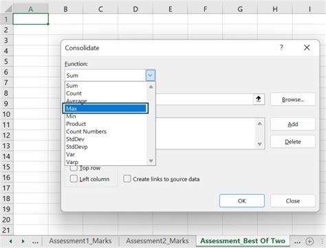 what are the different consolidate functions in excel