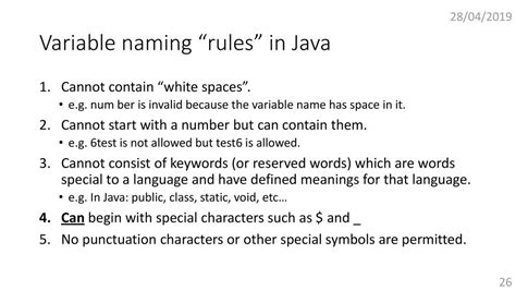 what are the different variable naming rules in java