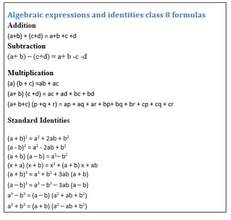what are the formulas in algebraic expressions class 8