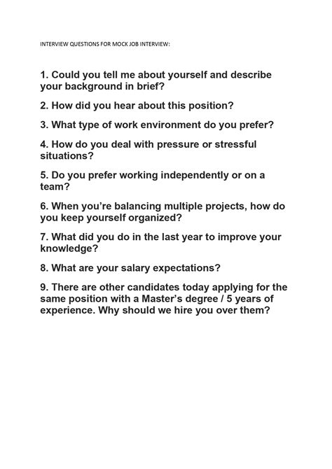 what are the questions in mock job interview
