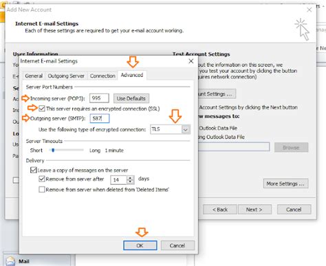 what are the server settings for gmail in outlook