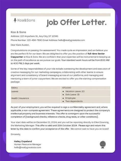 what does a job offer letter include