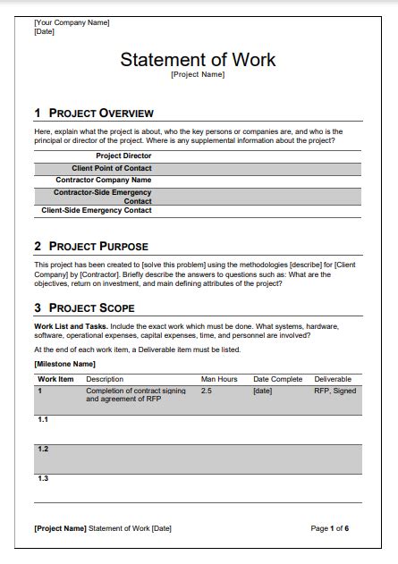 what does a statement of work include