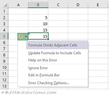 what does it mean in excel when it says formula omits adjacent cells