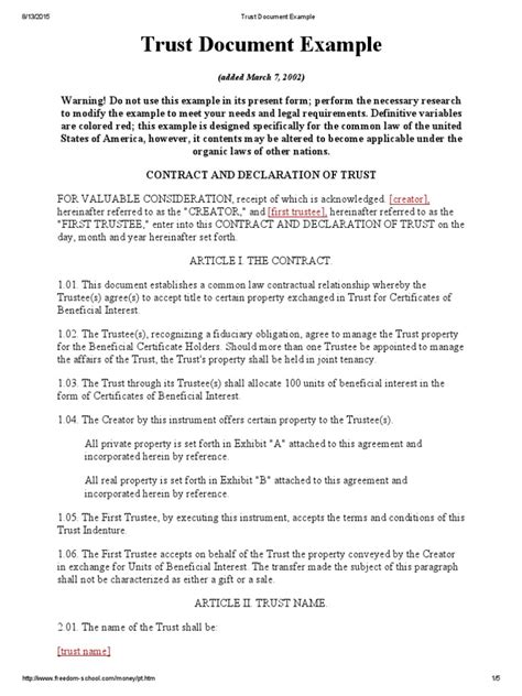 what is a trust document example