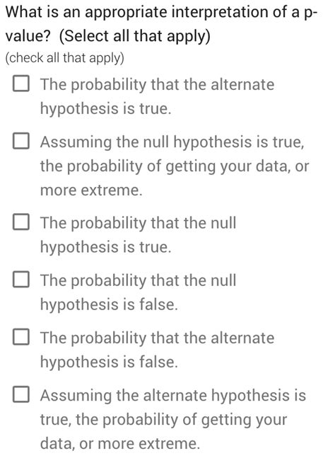 what is an appropriate interpretation of a p value select all that apply