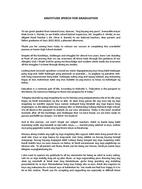 what is an example of words of gratitude speech for graduation elementary