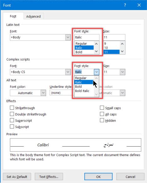 what is complex script font in word