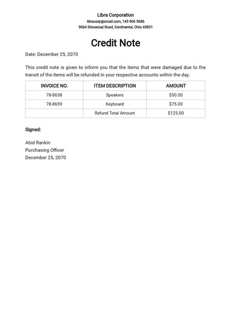 what is credit note sample