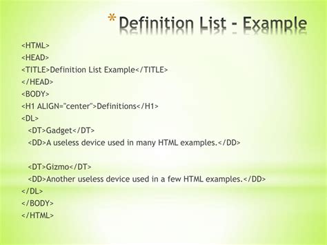 what is definition list in html with example