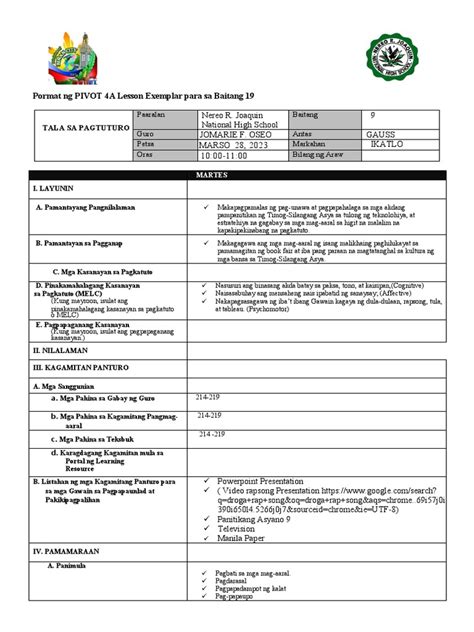 what is lesson exemplar in tagalog