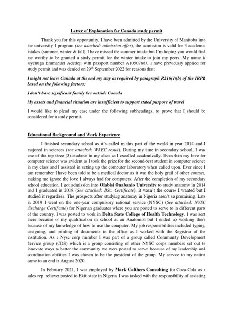 what is letter of explanation canada study permit