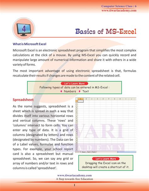 what is ms excel class 6 answer