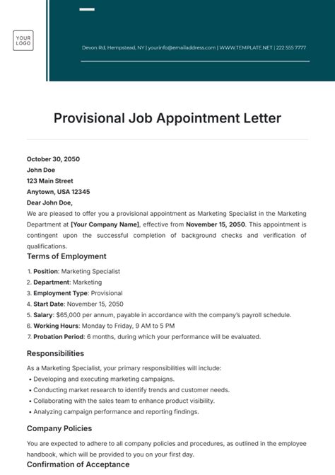 what is provisional appointment letter