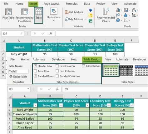 what is the first column table style in excel