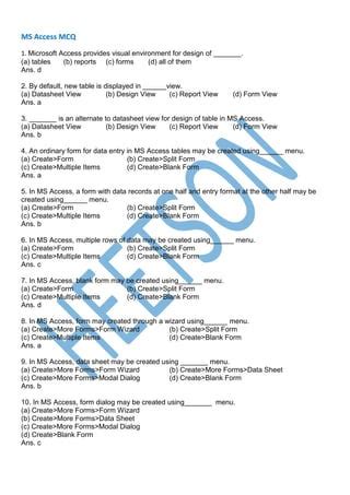 what is the form in ms access mcq