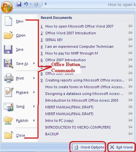 what is the function of microsoft office button