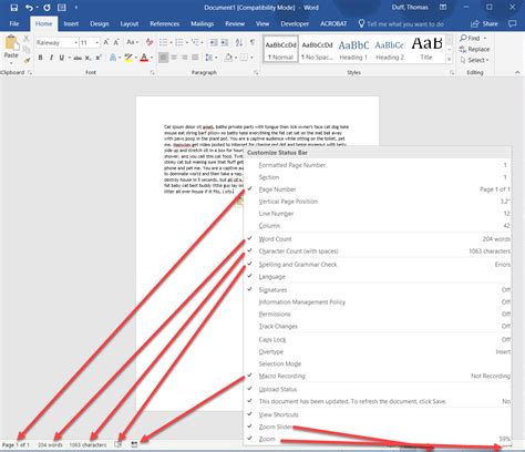 what is the function of status bar in microsoft word