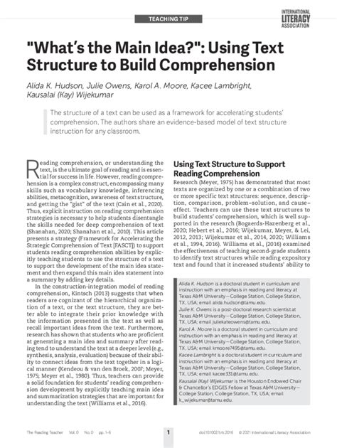 what is the main idea using text structure to build comprehension