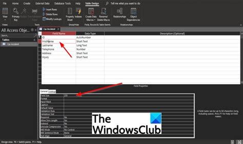 what is the maximum length of a text field in ms access database file