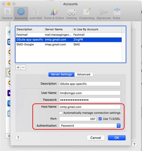 what is the outgoing mail server for gmail on mac