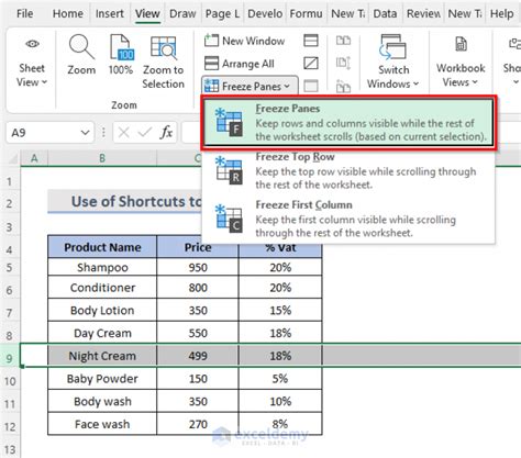 what is the shortcut key for freeze in excel