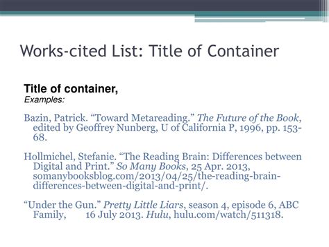 what is the title of container in mla format