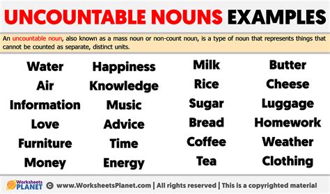 what is uncountable noun with example